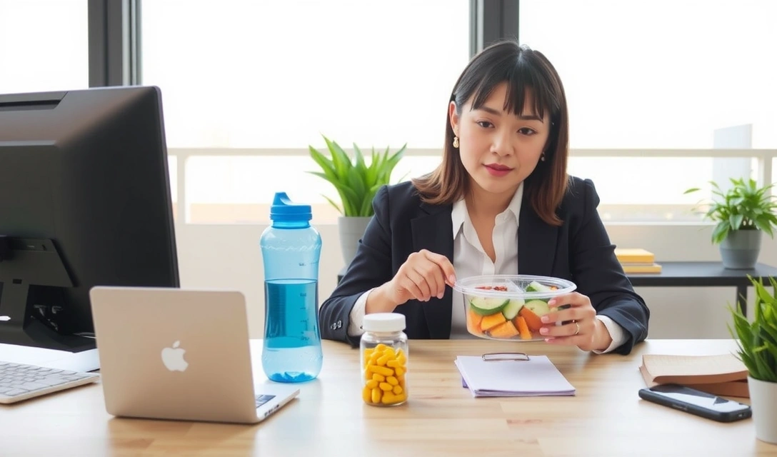 Busy professional with healthy lunch and supplements in office setting