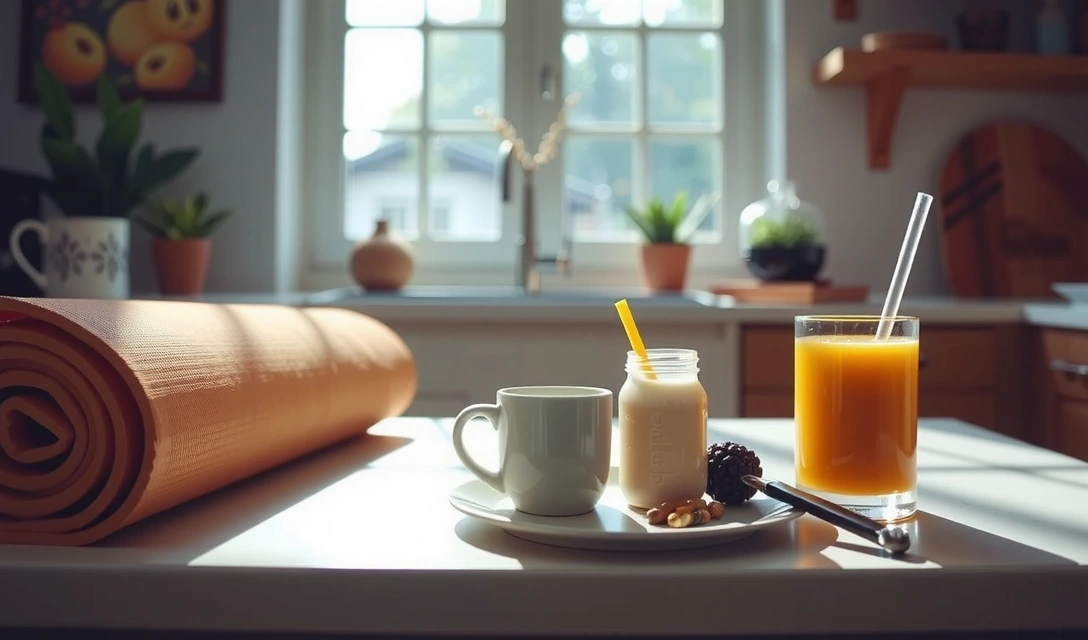 Morning wellness routine with meditation, healthy breakfast, and supplements