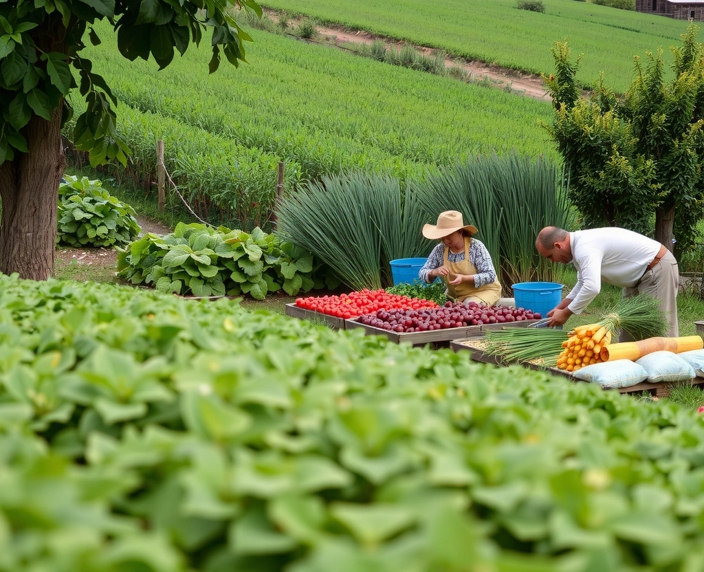 Sustainable organic farm with farmers harvesting natural herbs and plants using environmentally friendly practices